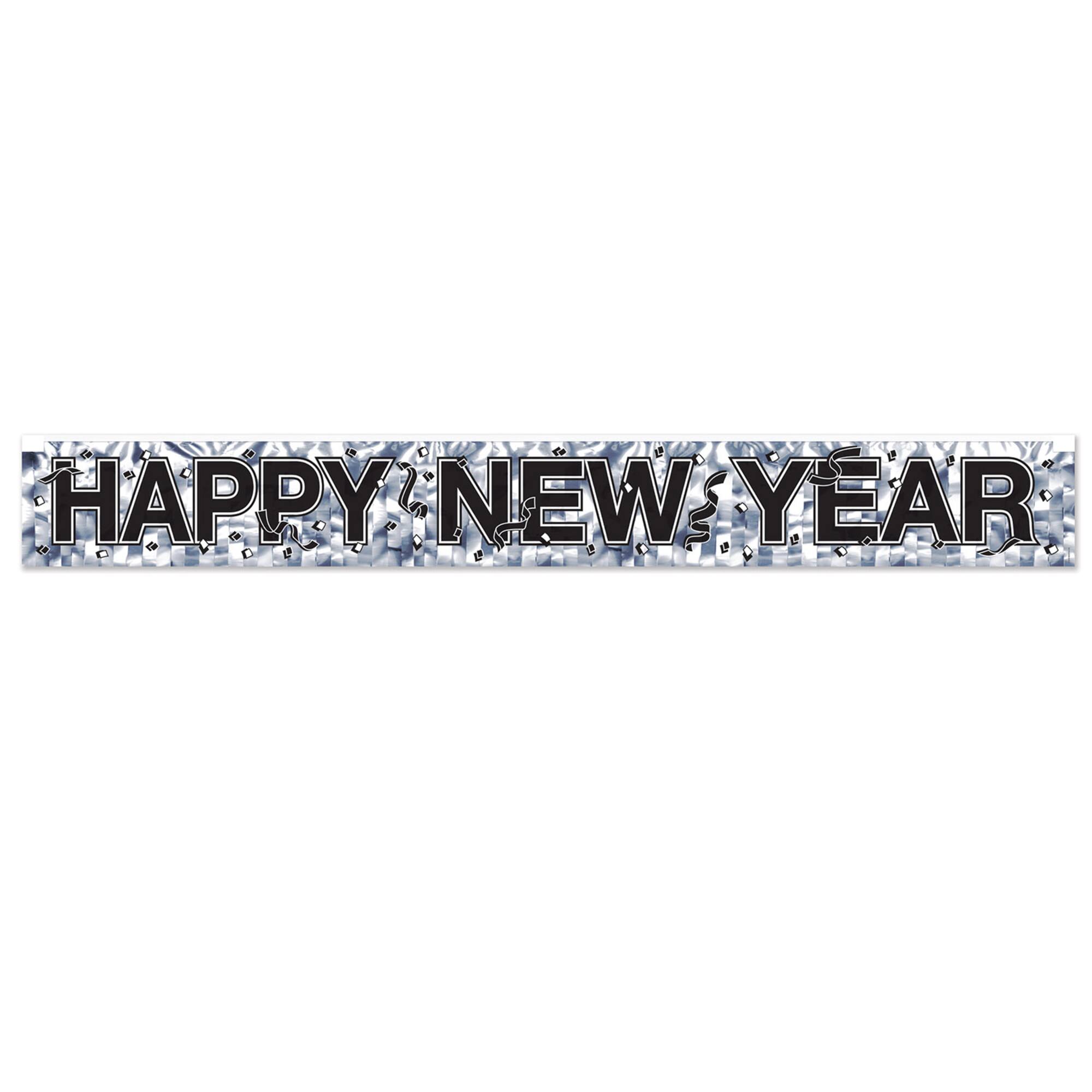 Beistle 7.5" x 5ft. Silver Happy New Year Metallic Fringe Banners, 2ct.